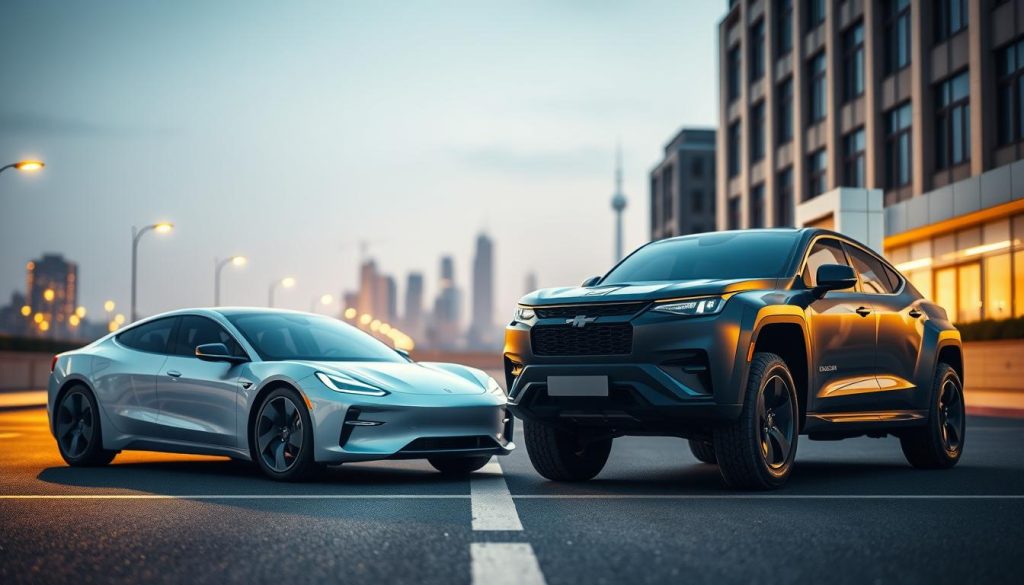 Sleek electric car and powerful gasoline-powered vehicle placed side-by-side on a modern, well-lit urban street. The electric car has a clean, futuristic design with subtle blue accents, while the gasoline car has a muscular, aggressive silhouette. Soft, warm lighting illuminates the scene, creating a sense of comparison and contrast between the two automotive technologies. Distant city skyline in the background, hinting at the practical, eco-friendly advantages of electric vehicles in an urban setting. Composition emphasizes the striking visual differences between the two car types, inviting the viewer to consider their unique characteristics.