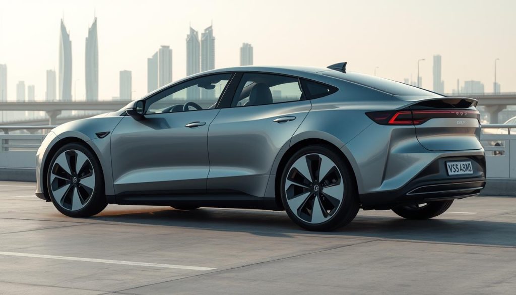 A modern, technologically-advanced automotive scene. In the foreground, a sleek, aerodynamic electric vehicle with clean lines and cutting-edge design. Its exterior panels gleam with a metallic sheen under the soft, diffused lighting. In the middle ground, a range of sophisticated sensors, cameras, and radar components are visible, hinting at the vehicle's advanced driver-assistance and autonomous capabilities. The background depicts a minimalist, futuristic cityscape, with tall, angular skyscrapers and a network of elevated highways cutting through the scene. The overall mood is one of progress, innovation, and the seamless integration of technology into the automotive landscape.