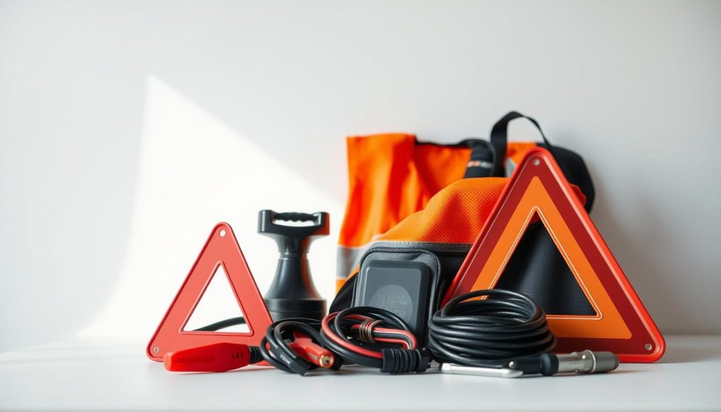 A neatly organized array of essential car accessories, captured under natural daylight against a simple, clean background. In the foreground, a red emergency triangle, reflective safety vest, and jumper cables stand out. In the middle ground, a car jack, tire inflator, and basic tool kit are displayed. The background fades softly, allowing the key items to be the focal point. The overall mood is one of practicality and preparedness, conveying the importance of having the required equipment for safe and responsible driving. A neatly organized array of essential car accessories, captured under natural daylight against a simple, clean background. In the foreground, a red emergency triangle, reflective safety vest, and jumper cables stand out. In the middle ground, a car jack, tire inflator, and basic tool kit are displayed. The background fades softly, allowing the key items to be the focal point. The overall mood is one of practicality and preparedness, conveying the importance of having the required equipment for safe and responsible driving.