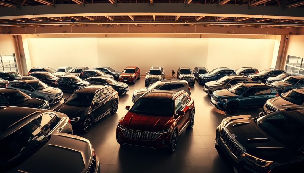 A panoramic view of a wide array of sport utility vehicles (SUVs) parked in a modern automotive showroom, bathed in warm, natural lighting that highlights their sleek, angular profiles and gleaming exteriors. The foreground features a selection of mid-size and full-size SUVs from various manufacturers, showcasing a diverse range of models, colors, and design elements. In the middle ground, larger SUVs and crossovers take center stage, their imposing presence commanding attention. The background gently fades into a minimalist, architectural setting, allowing the vehicles to be the true focus of the scene. The overall atmosphere conveys a sense of sophistication, power, and the evolution of the SUV segment.
