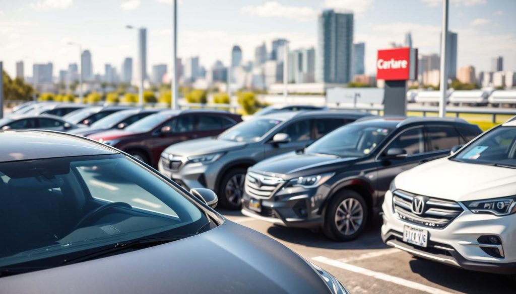 A used car dealership lot on a sunny day, with a variety of makes and models neatly displayed. In the foreground, a well-maintained mid-sized sedan takes center stage, its polished exterior reflecting the light. The middle ground features other pre-owned vehicles, each with their own unique character and appeal. In the background, a modern city skyline serves as a backdrop, hinting at the convenience and accessibility of a pre-owned car. The scene conveys a sense of value, reliability, and the practical advantages of purchasing a used automobile.