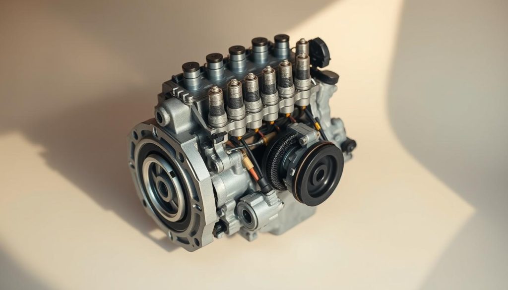 A well-lit, high-resolution image of a problematic gasoline engine in a cutaway view, showcasing its internal components. The engine is placed on a clean, neutral background, allowing the details to stand out. Crisp focus on the engine block, fuel system, spark plugs, and other key parts. The composition emphasizes the complexity and intricacy of the engine, hinting at the potential issues that can arise. Warm, natural lighting from the side creates depth and shadows, enhancing the three-dimensional quality of the engine. The overall tone is one of technical precision, inviting the viewer to explore the inner workings of a common automotive problem.