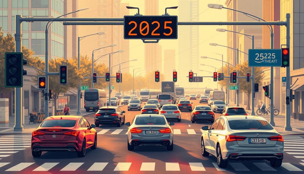 A detailed illustration of the new 2025 traffic regulations, showcasing a busy urban intersection with sleek, futuristic vehicles navigating through modernized traffic signals and signage. The scene should capture a sense of order and efficiency, with clean lines, vibrant colors, and a slightly muted, technical aesthetic. The lighting should be a combination of warm, natural daylight and cool, ambient lighting from the traffic signals, creating a balanced, well-lit environment. The camera angle should be slightly elevated, providing a comprehensive view of the intersection and the flow of traffic. The mood should convey a sense of progress, innovation, and a smooth, streamlined transportation system. A detailed illustration of the new 2025 traffic regulations, showcasing a busy urban intersection with sleek, futuristic vehicles navigating through modernized traffic signals and signage. The scene should capture a sense of order and efficiency, with clean lines, vibrant colors, and a slightly muted, technical aesthetic. The lighting should be a combination of warm, natural daylight and cool, ambient lighting from the traffic signals, creating a balanced, well-lit environment. The camera angle should be slightly elevated, providing a comprehensive view of the intersection and the flow of traffic. The mood should convey a sense of progress, innovation, and a smooth, streamlined transportation system.