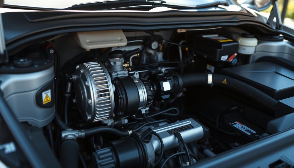 A detailed, well-lit interior shot of a car's air conditioning system, with the hood open and various components visible. The focus is on the compressor, condenser, and refrigerant lines, showcasing their intricate design and functionality. The lighting is bright and natural, creating clear shadows and highlights to emphasize the technical aspects. The image has a clean, professional aesthetic, conveying the importance of proper maintenance and servicing during the summer months. The overall composition is balanced, drawing the viewer's attention to the key elements of the car's cooling system. A detailed, well-lit interior shot of a car's air conditioning system, with the hood open and various components visible. The focus is on the compressor, condenser, and refrigerant lines, showcasing their intricate design and functionality. The lighting is bright and natural, creating clear shadows and highlights to emphasize the technical aspects. The image has a clean, professional aesthetic, conveying the importance of proper maintenance and servicing during the summer months. The overall composition is balanced, drawing the viewer's attention to the key elements of the car's cooling system.