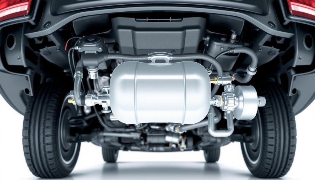 a detailed, technical diagram of a liquefied petroleum gas (LPG) installation for an automobile, showcasing the various components and their arrangement within the vehicle. The foreground displays the LPG tank, fuel lines, and pressure regulators in a clean, technical illustration. The middle ground features the engine compartment, highlighting the integration of the LPG system with the vehicle's standard fuel system. The background depicts the undercarriage of the car, providing context and scale. The lighting is bright and evenly distributed, creating a sense of clarity and precision. The overall composition conveys a professional, engineering-focused atmosphere, suitable for illustrating the "Introduction to LPG Vehicles" section of the article. a detailed, technical diagram of a liquefied petroleum gas (LPG) installation for an automobile, showcasing the various components and their arrangement within the vehicle. The foreground displays the LPG tank, fuel lines, and pressure regulators in a clean, technical illustration. The middle ground features the engine compartment, highlighting the integration of the LPG system with the vehicle's standard fuel system. The background depicts the undercarriage of the car, providing context and scale. The lighting is bright and evenly distributed, creating a sense of clarity and precision. The overall composition conveys a professional, engineering-focused atmosphere, suitable for illustrating the "Introduction to LPG Vehicles" section of the article.
