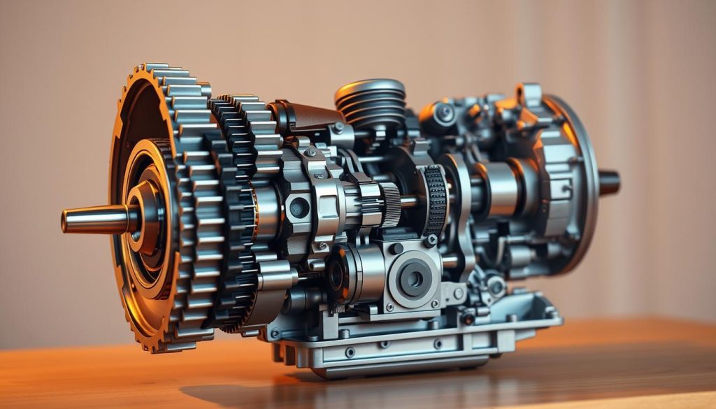 A detailed cutaway view of an automatic transmission, showcasing its inner workings in a clean, technical illustration style. The foreground features the gears, shafts, and clutches that make up the core of the transmission, meticulously rendered with a focus on precision and clarity. The middle ground includes the housing and external components, highlighting the complex assembly. The background provides context with a subtly blurred, neutral environment, allowing the transmission to be the central focus. Warm, directional lighting casts subtle shadows, emphasizing the depth and mechanical complexity. The overall mood is one of informative, technical elegance, suitable for illustrating the introductory section on automatic transmissions.