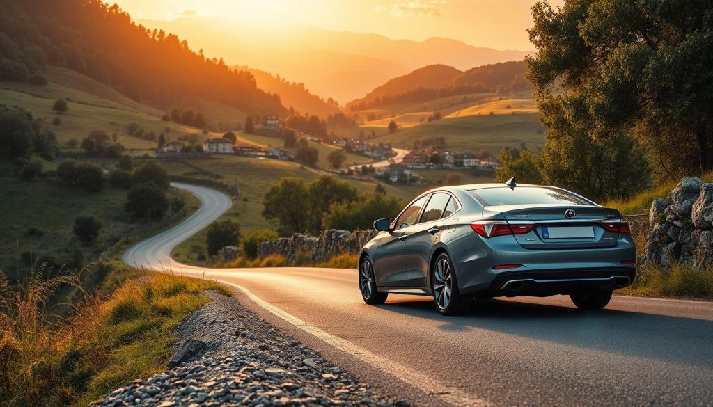 A scenic countryside road winding through lush green hills and forests, with a focus on a modern sedan parked on the side of the road. The sedan is positioned to face the viewer, its sleek lines and shiny exterior reflecting the warm, golden sunlight filtering through the trees. The background features rolling hills dotted with quaint villages and distant mountain peaks. The atmosphere conveys a sense of tranquility and the freedom of open-road exploration, evoking the importance of having proper car insurance coverage while traveling abroad. A scenic countryside road winding through lush green hills and forests, with a focus on a modern sedan parked on the side of the road. The sedan is positioned to face the viewer, its sleek lines and shiny exterior reflecting the warm, golden sunlight filtering through the trees. The background features rolling hills dotted with quaint villages and distant mountain peaks. The atmosphere conveys a sense of tranquility and the freedom of open-road exploration, evoking the importance of having proper car insurance coverage while traveling abroad.
