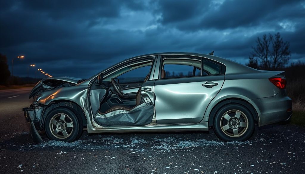 A wrecked and battered car, its once-sleek body panels crumpled and askew, sits forlornly on the side of a dimly lit road. The dull, weathered paint reflects the moody, overcast sky above. Shards of broken glass litter the ground around the vehicle, a silent testament to the force of the impact. The interior, visible through the gaping wounds in the car's shell, appears in disarray, with airbags deployed and upholstery torn. A sense of melancholy and the weight of the accident's aftermath hangs heavy in the air, evoking a solemn contemplation of the fragility of the machines we trust to transport us safely. A wrecked and battered car, its once-sleek body panels crumpled and askew, sits forlornly on the side of a dimly lit road. The dull, weathered paint reflects the moody, overcast sky above. Shards of broken glass litter the ground around the vehicle, a silent testament to the force of the impact. The interior, visible through the gaping wounds in the car's shell, appears in disarray, with airbags deployed and upholstery torn. A sense of melancholy and the weight of the accident's aftermath hangs heavy in the air, evoking a solemn contemplation of the fragility of the machines we trust to transport us safely.